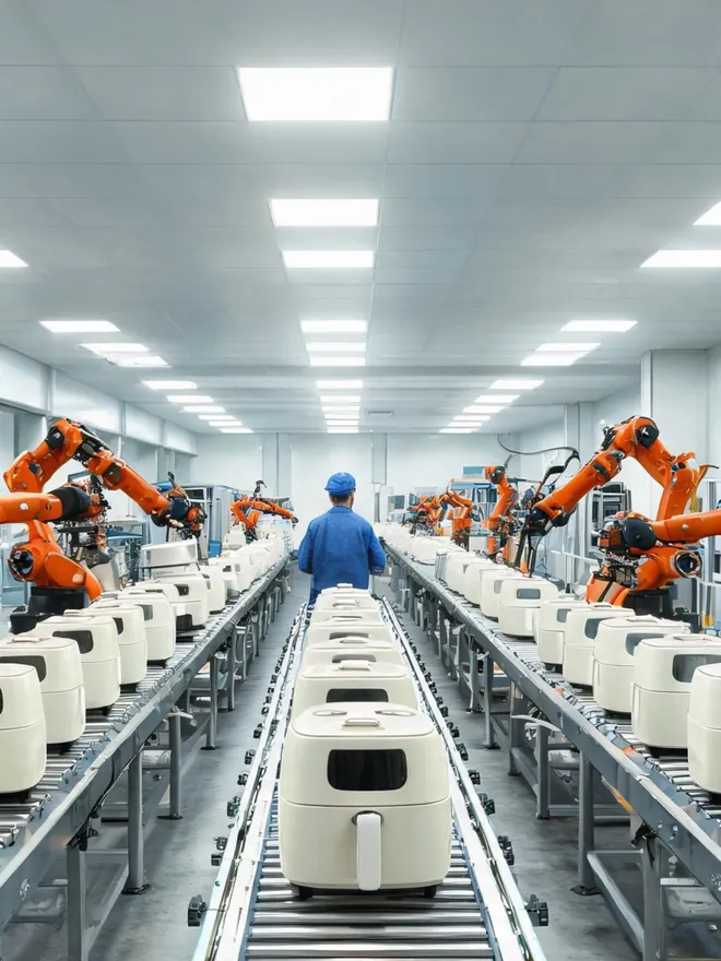Automated assembly line producing small kitchen appliances with robotic arms at our Shenzhen manufacturing facility