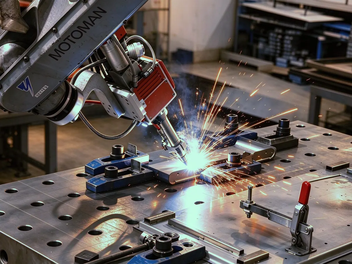 Robotic welding arm fabricating a stainless steel workpiece at our Shenzhen plant