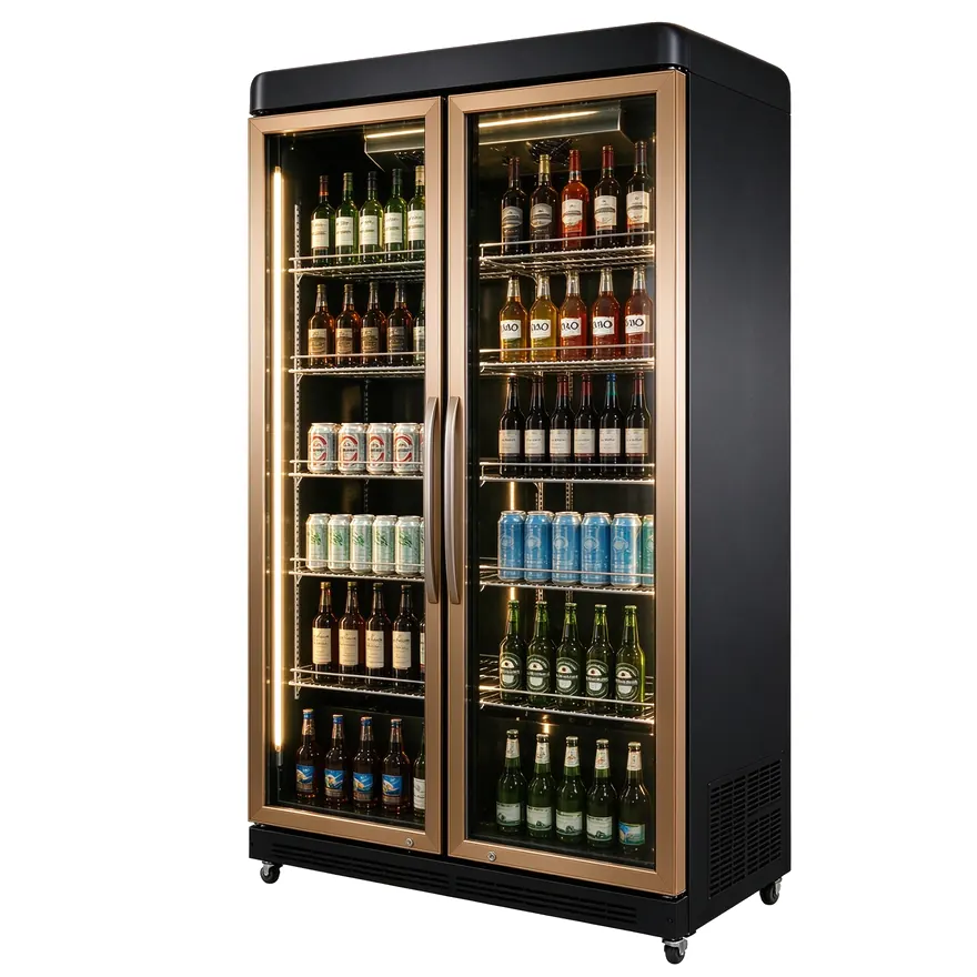 Upright glass-door beverage merchandiser with illuminated shelving