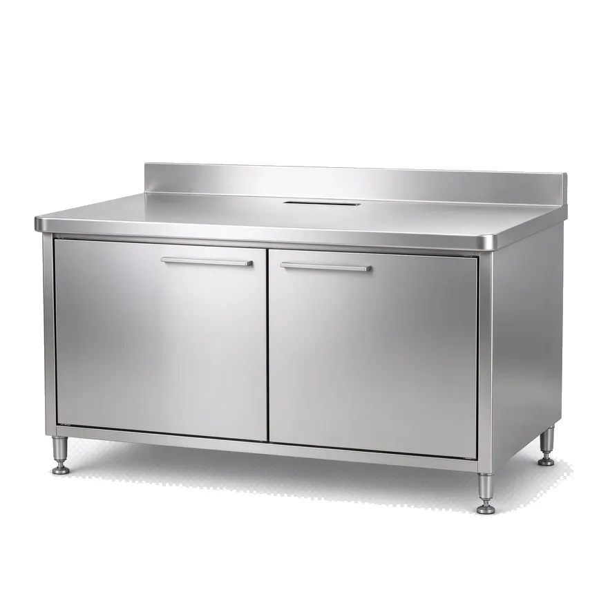 Custom stainless steel fabrication — work tables, prep stations, shelving and knock-down panels