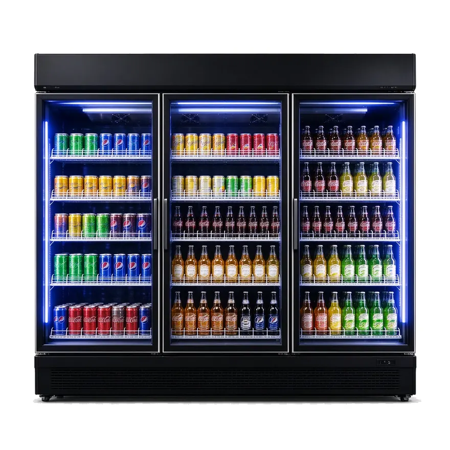 Glass-door display fridge for beverages and dairy, single to triple door