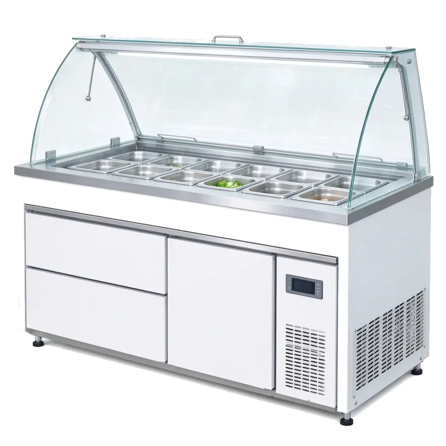 Refrigerated salad bar and prep counter with curved sneeze guard