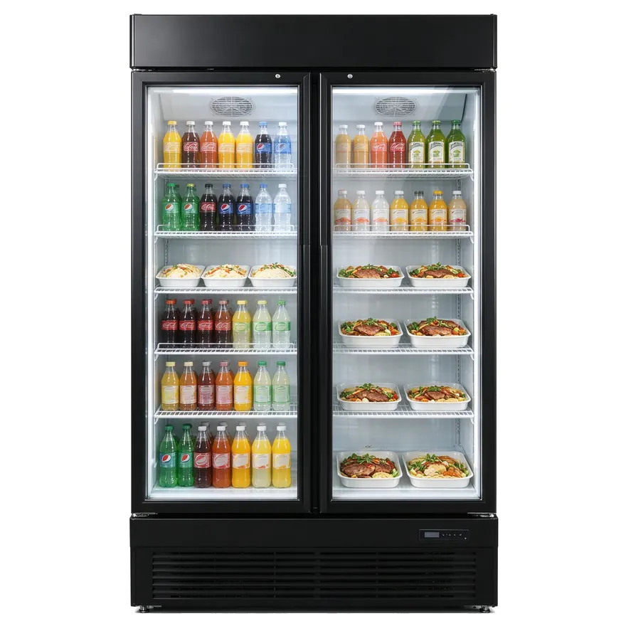 Upright display cooler with glass or solid door for commercial kitchens