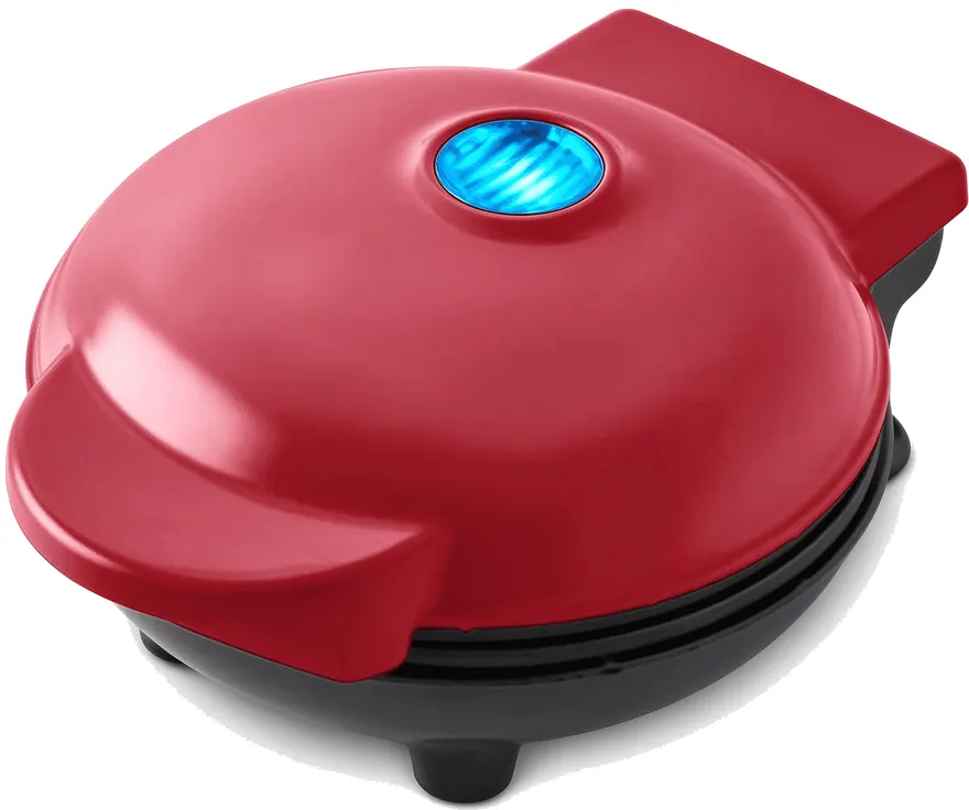 Round waffle maker with non-stick plates, available in multiple colors for OEM branding